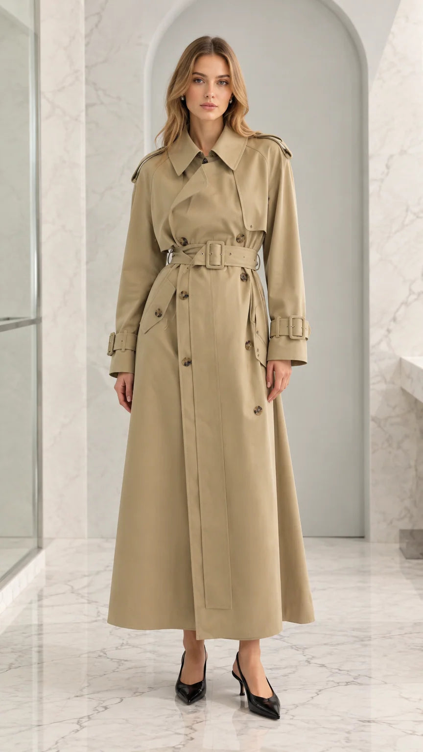 Women's Classic Maxi Belted Trench Coat with Storm Flap