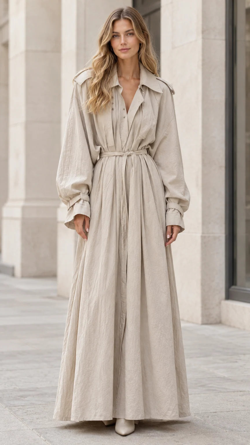 Women's Trench Style Long Sleeve Belted Maxi Dress