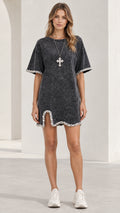 Front full view of woman wearing washed black rhinestone trim t-shirt dress
