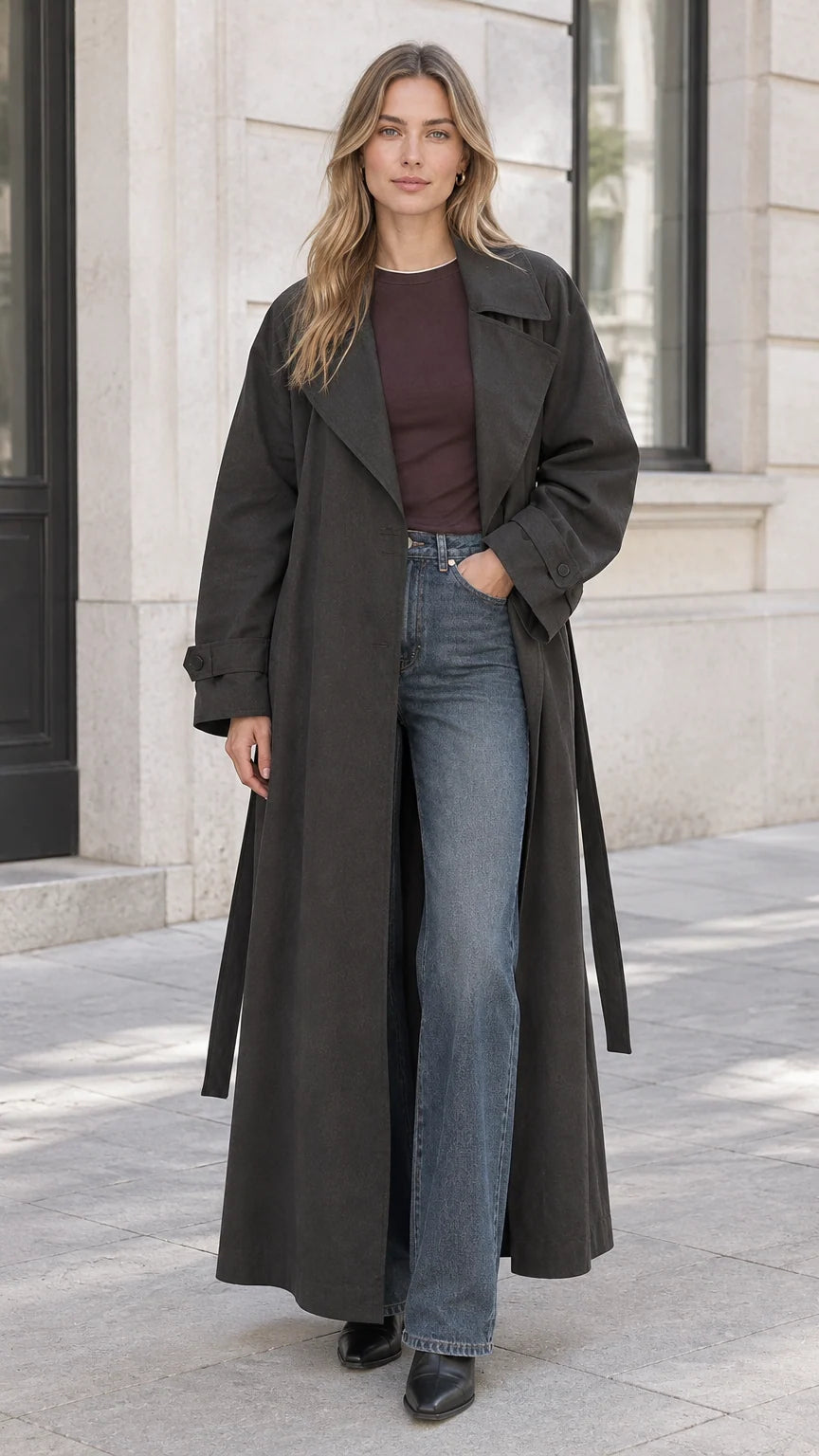 Women's Maxi Trench Coat Classic Belted Long Duster Outerwear