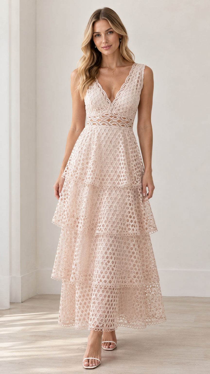 Front view of model wearing Blush Pink sleeveless tiered lace V-neck maxi dress
