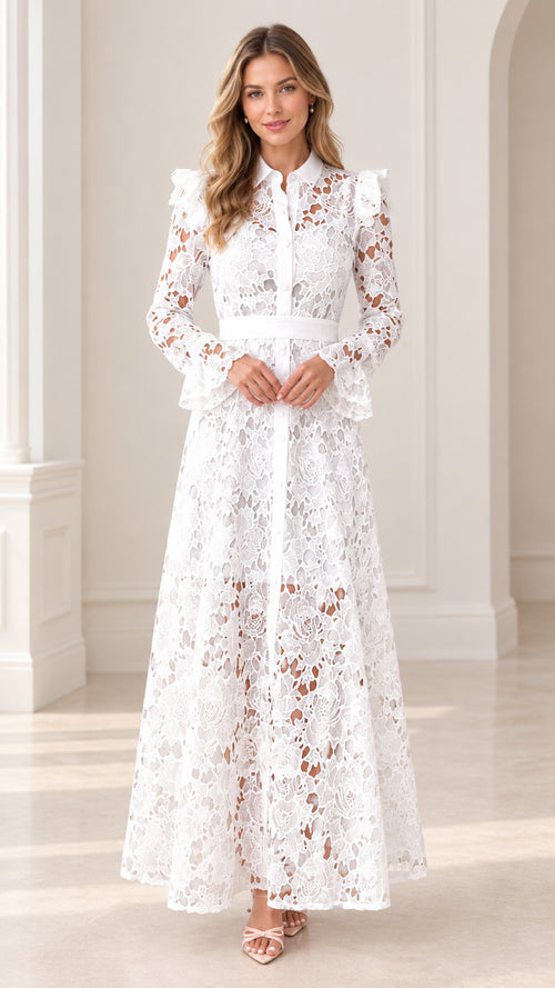 Front full view of white floral lace collared maxi dress with long flounce sleeves