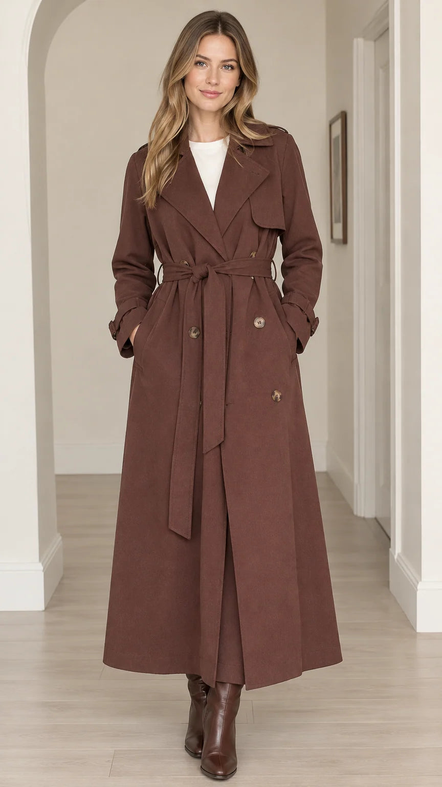 Women's Elegant Maxi Long Trench Coat with Tie Belt
