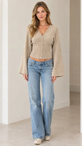 Women's V-Neck Bell Sleeve Button-Down Knit Cardigan Sweater