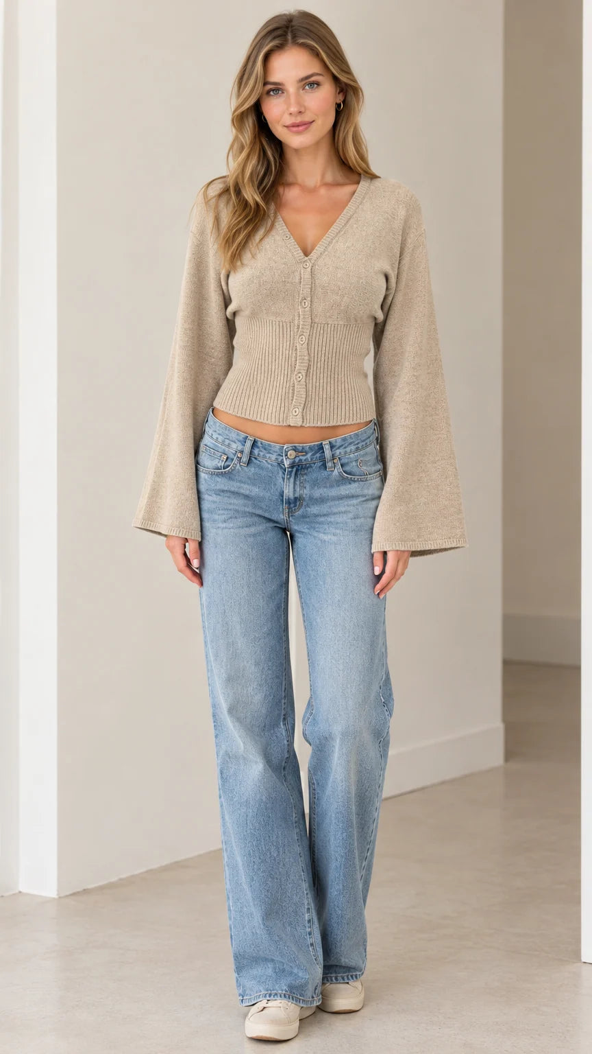 Women's V-Neck Bell Sleeve Button-Down Knit Cardigan Sweater