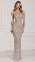 Front view of model wearing Champagne rhinestone embellished cutout column evening gown