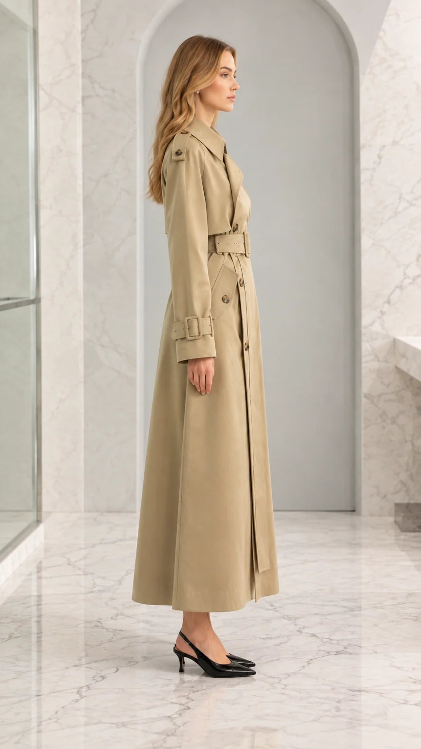 Women's Classic Maxi Belted Trench Coat with Storm Flap