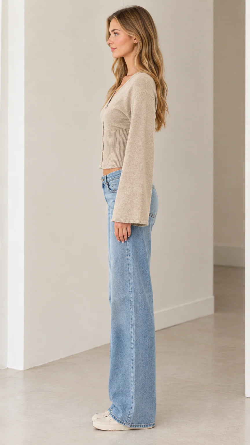 Women's V-Neck Bell Sleeve Button-Down Knit Cardigan Sweater