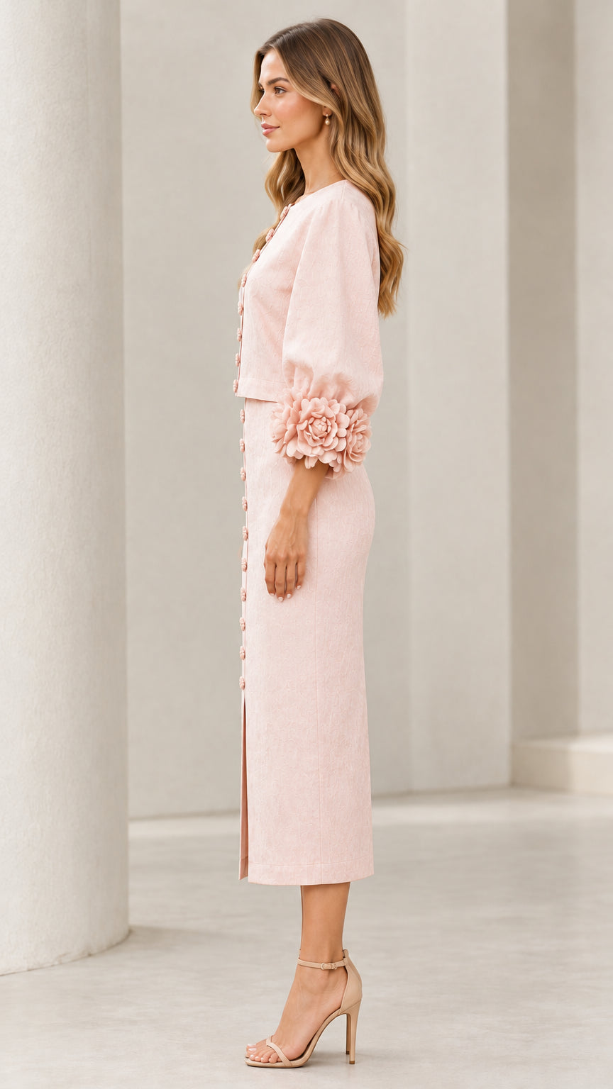 Side profile view of Blush Pink cropped top and midi pencil skirt set