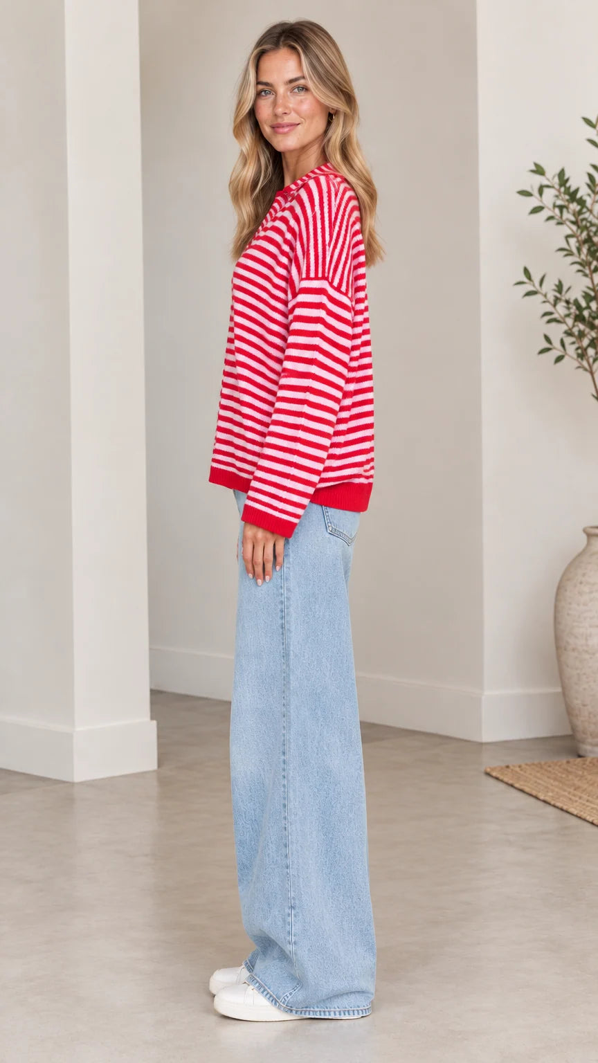 Women's Striped Collared Cardigan Sweater Casual Loose Knit Button Down