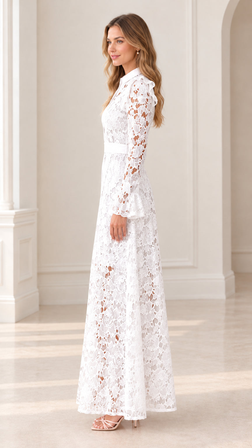 Side profile view of white floral lace collared maxi dress