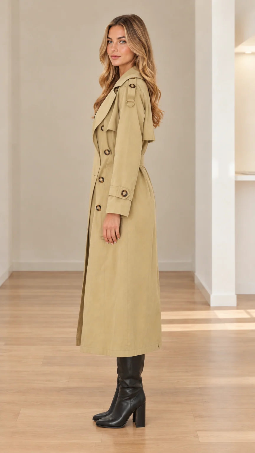 Women's Classic Double-Breasted Long Trench Coat with Belt