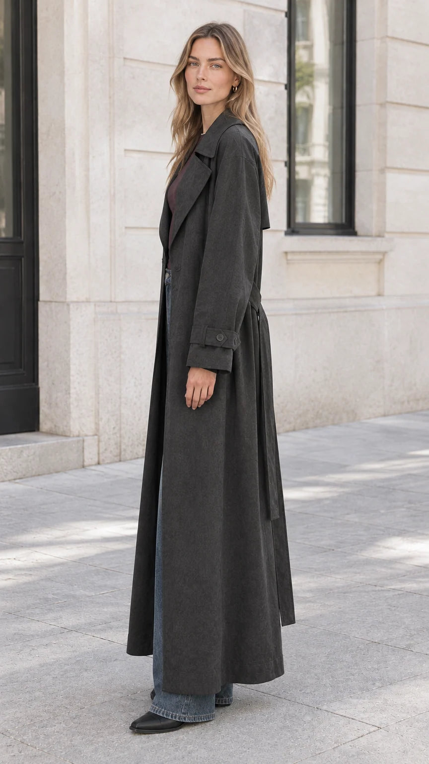 Women's Maxi Trench Coat Classic Belted Long Duster Outerwear