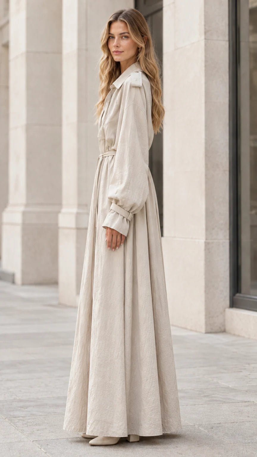 Women's Trench Style Long Sleeve Belted Maxi Dress