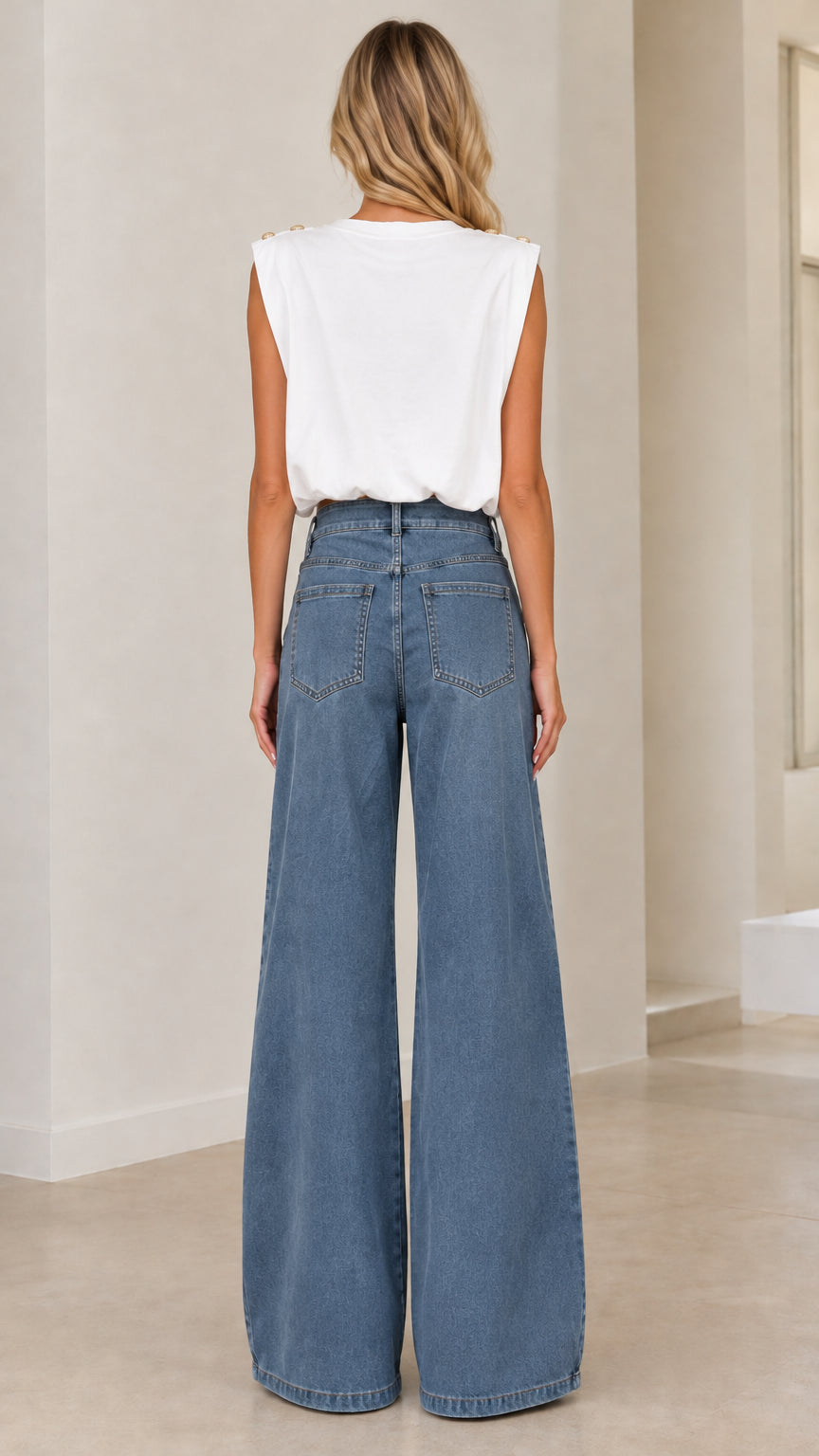 Back view of model wearing medium blue wide leg jeans showing back pocket placement