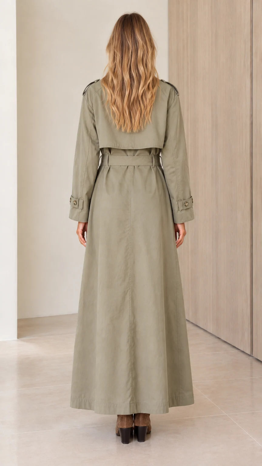 Women's Classic Longline Trench Coat with Waist Belt