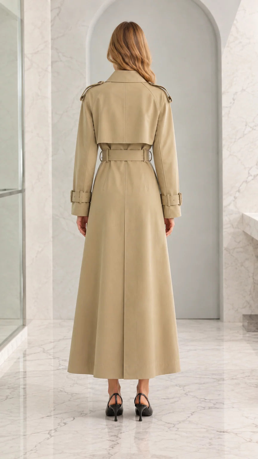Women's Classic Maxi Belted Trench Coat with Storm Flap