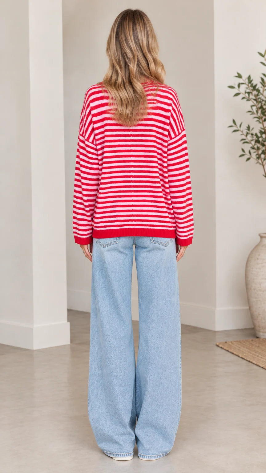 Women's Striped Collared Cardigan Sweater Casual Loose Knit Button Down