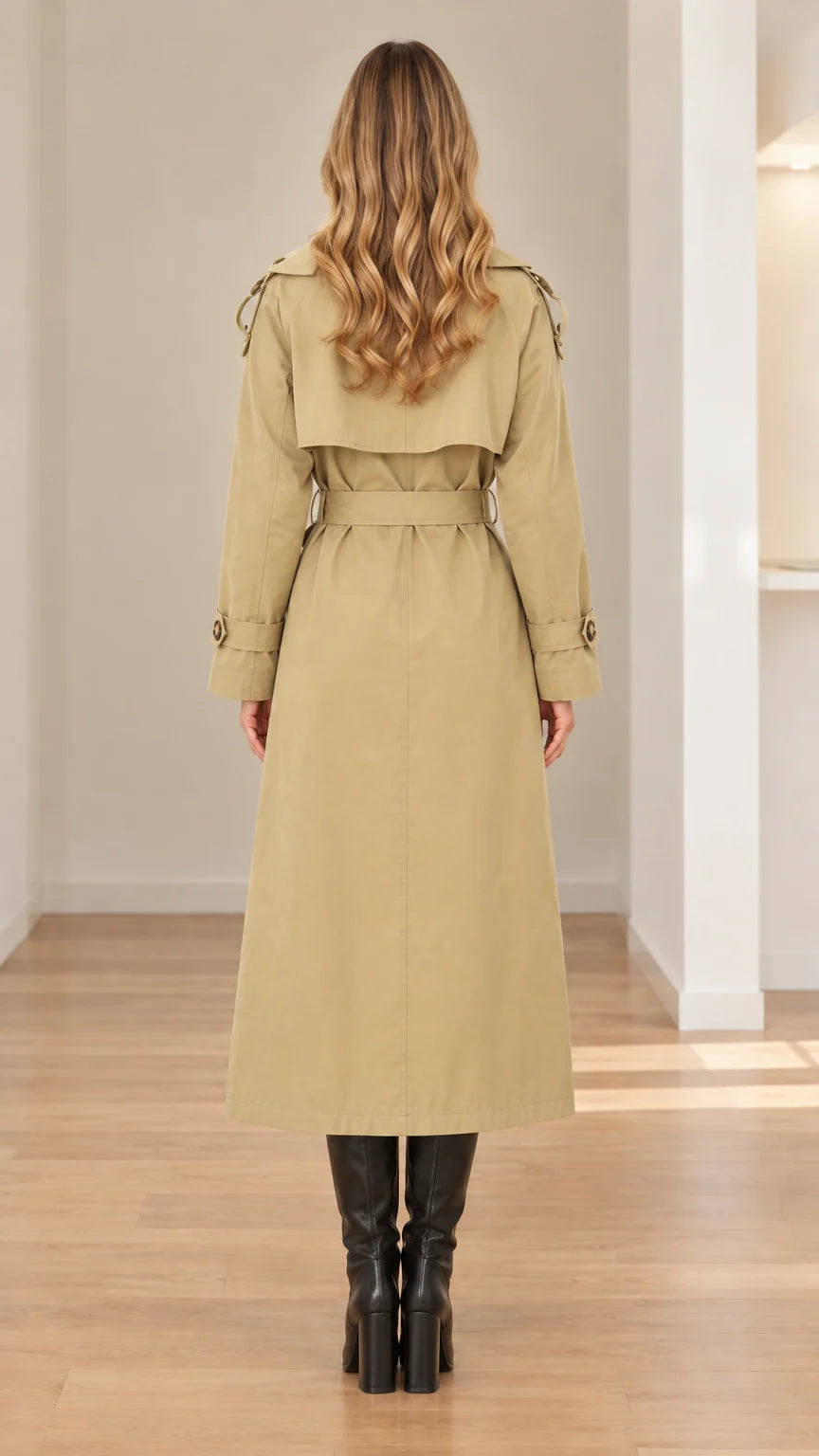 Women's Classic Double-Breasted Long Trench Coat with Belt