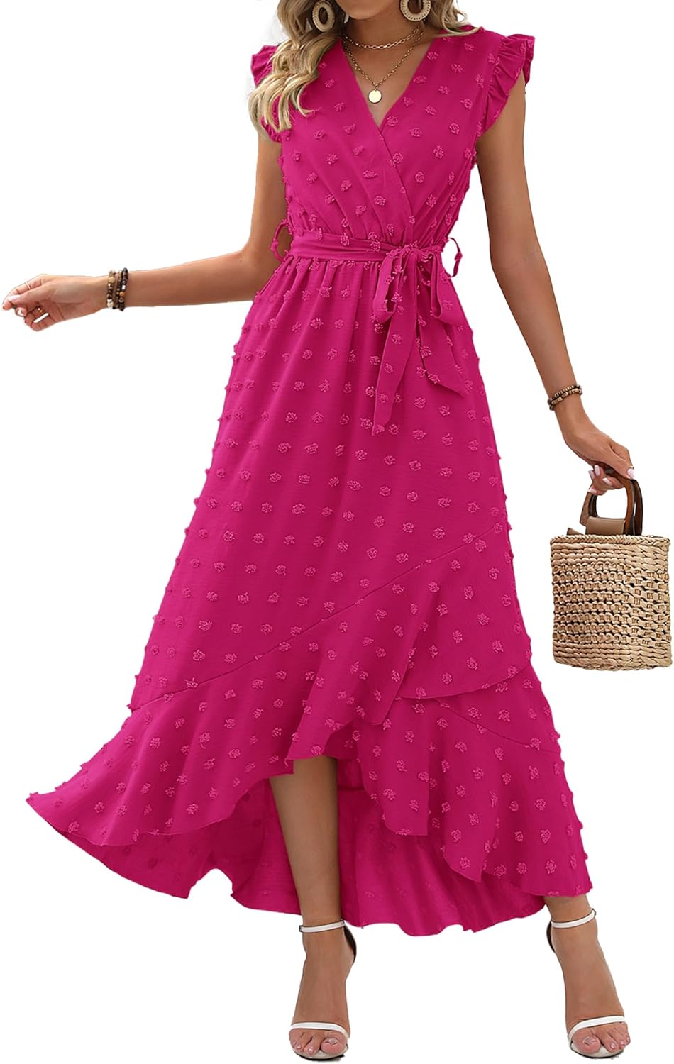 Summer Flowy Ruffle Maxi Dress Women Swiss Dot Cap Sleeve Casual Party Dress