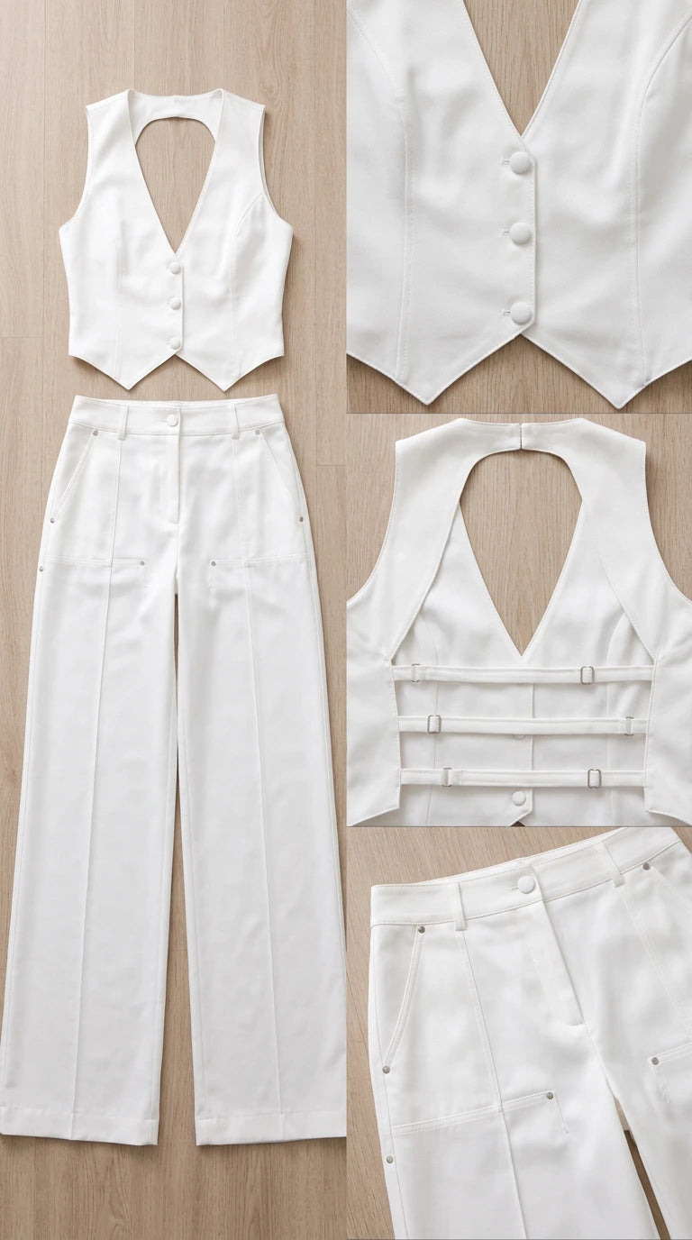 Flat lay of white vest and wide-leg pants showing button closure and strap details