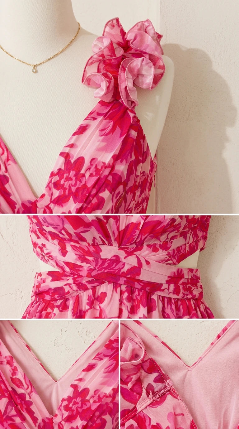 Detailed close-ups of rosette shoulder strap, crossover cutout waist, and neckline