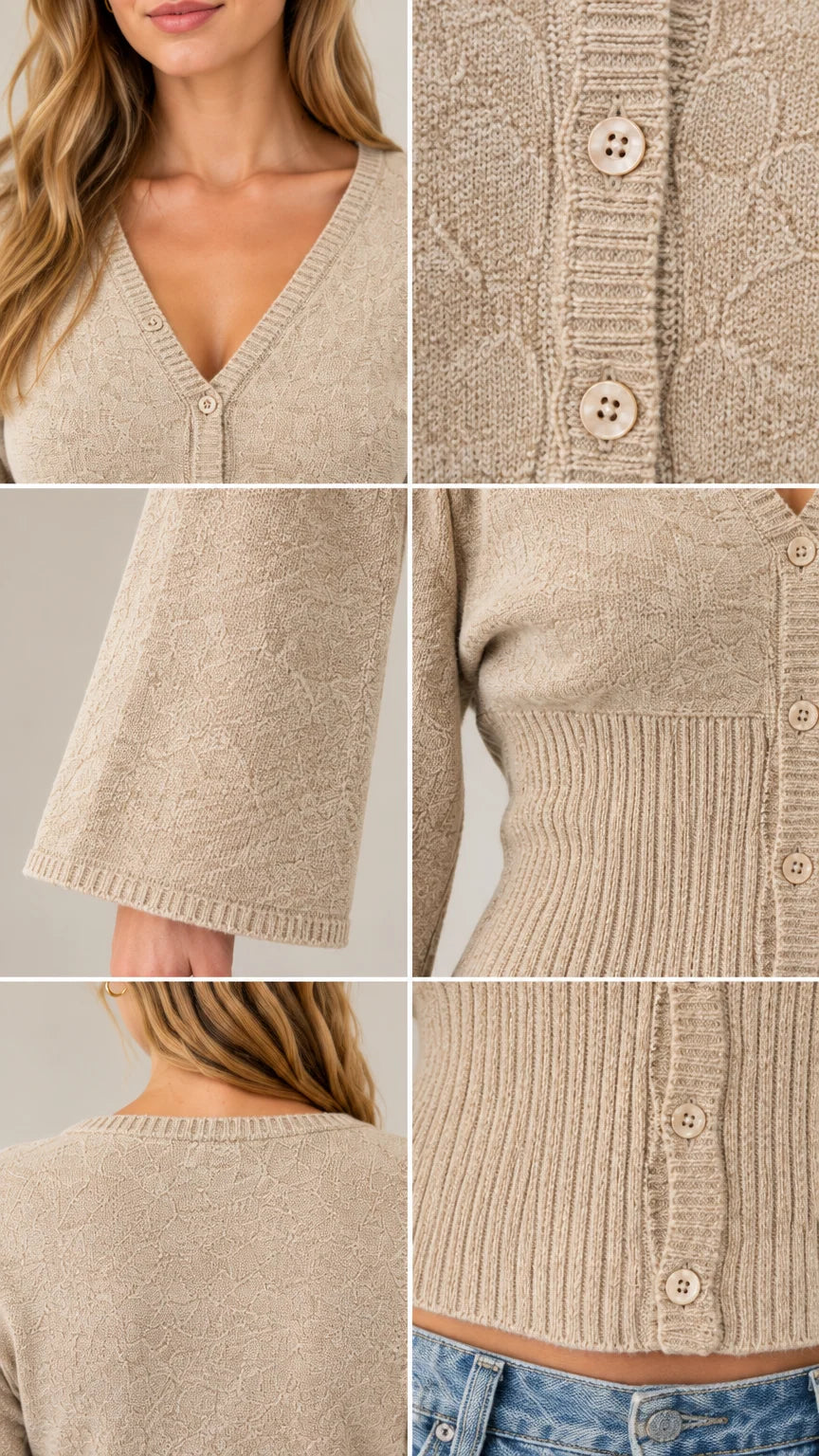 Women's V-Neck Bell Sleeve Button-Down Knit Cardigan Sweater