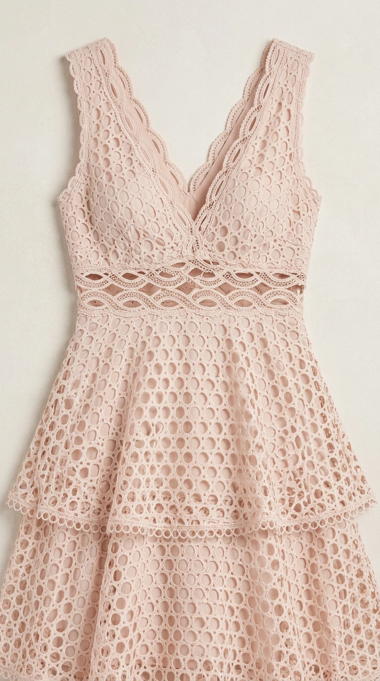 Close-up flat lay detail of Blush Pink bodice, neckline, and open-work waistband