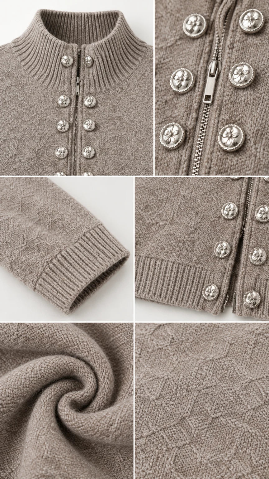 Women's Zip-Front Military Button Textured Knit Cardigan Sweater