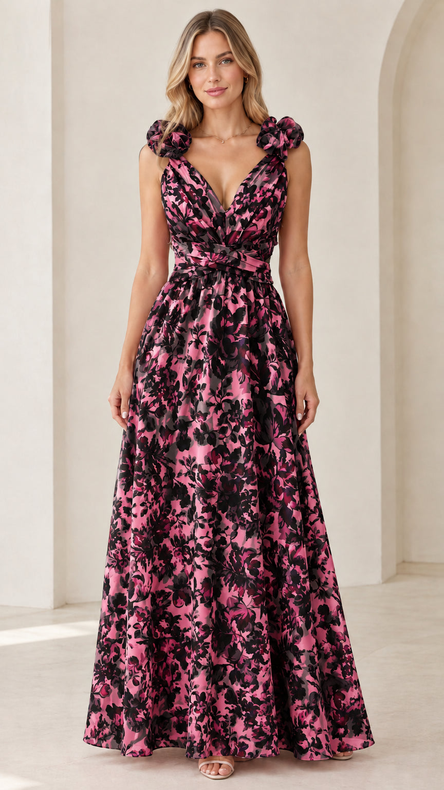 Black floral printed V-neck maxi dress with ruffle straps