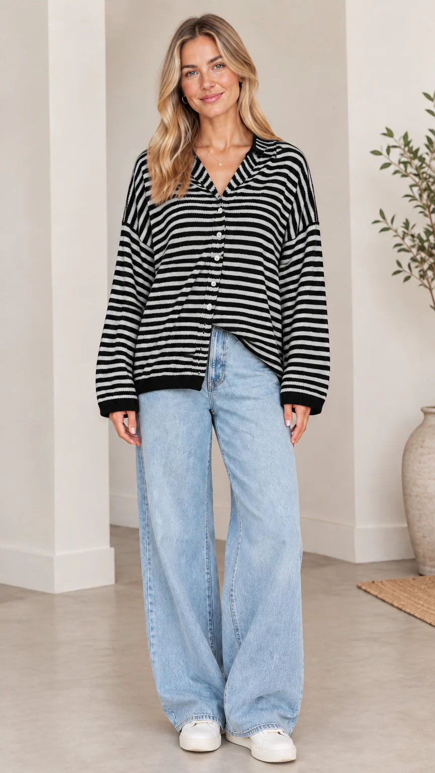 Women's Striped Collared Cardigan Sweater Casual Loose Knit Button Down