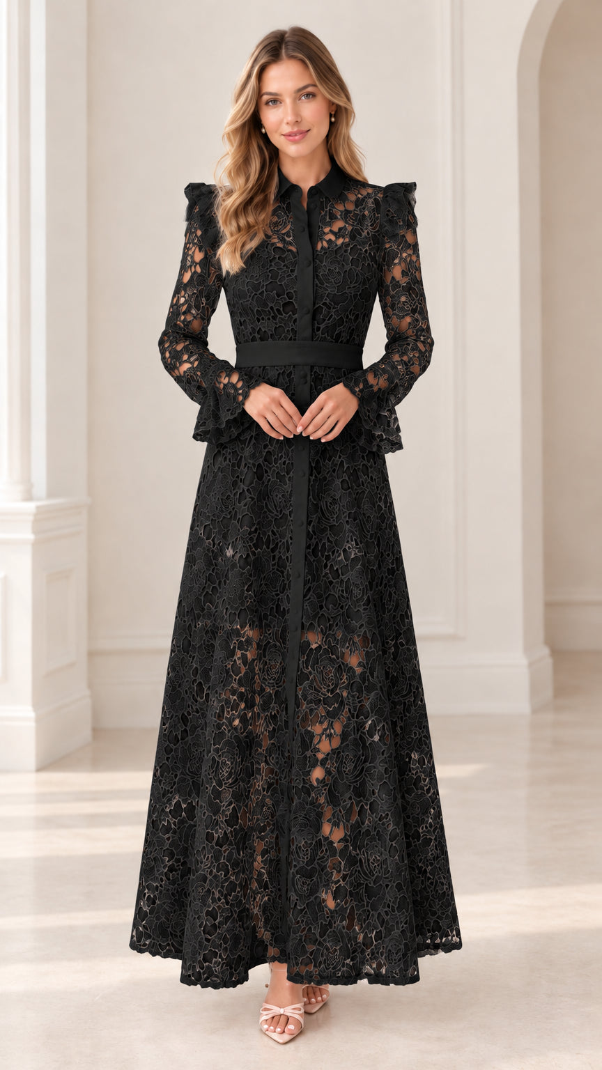 Black floral lace collared maxi dress with long sleeves and defined waist