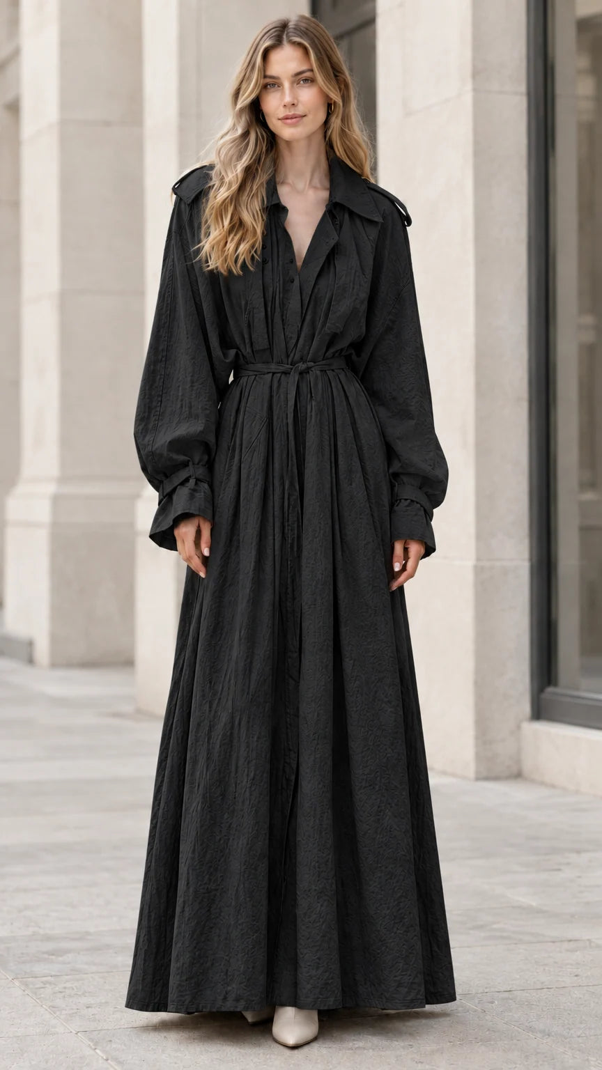 Women's Trench Style Long Sleeve Belted Maxi Dress