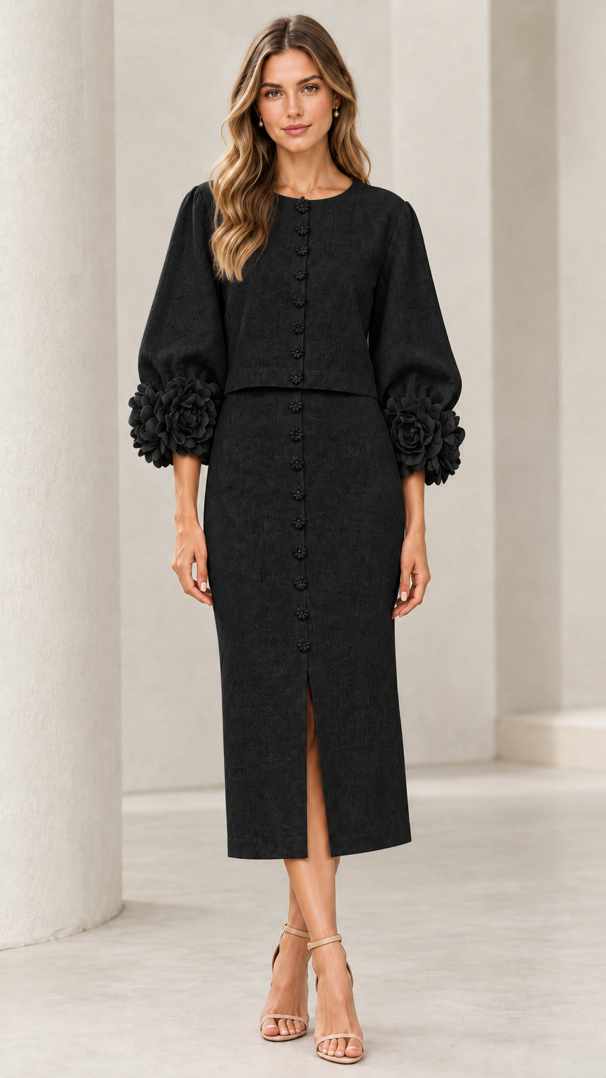 Front view of model wearing Black two-piece top and midi pencil skirt set