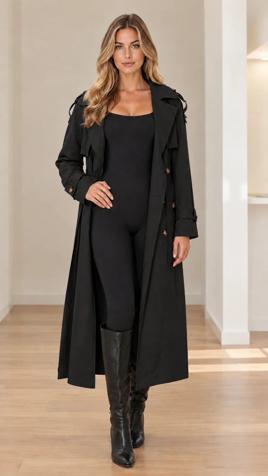 Women's Classic Double-Breasted Long Trench Coat with Belt