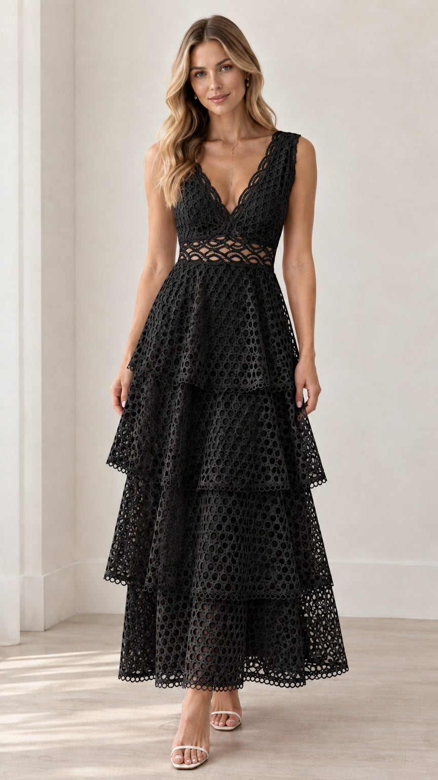 Front view of model wearing Black sleeveless tiered lace V-neck maxi dress