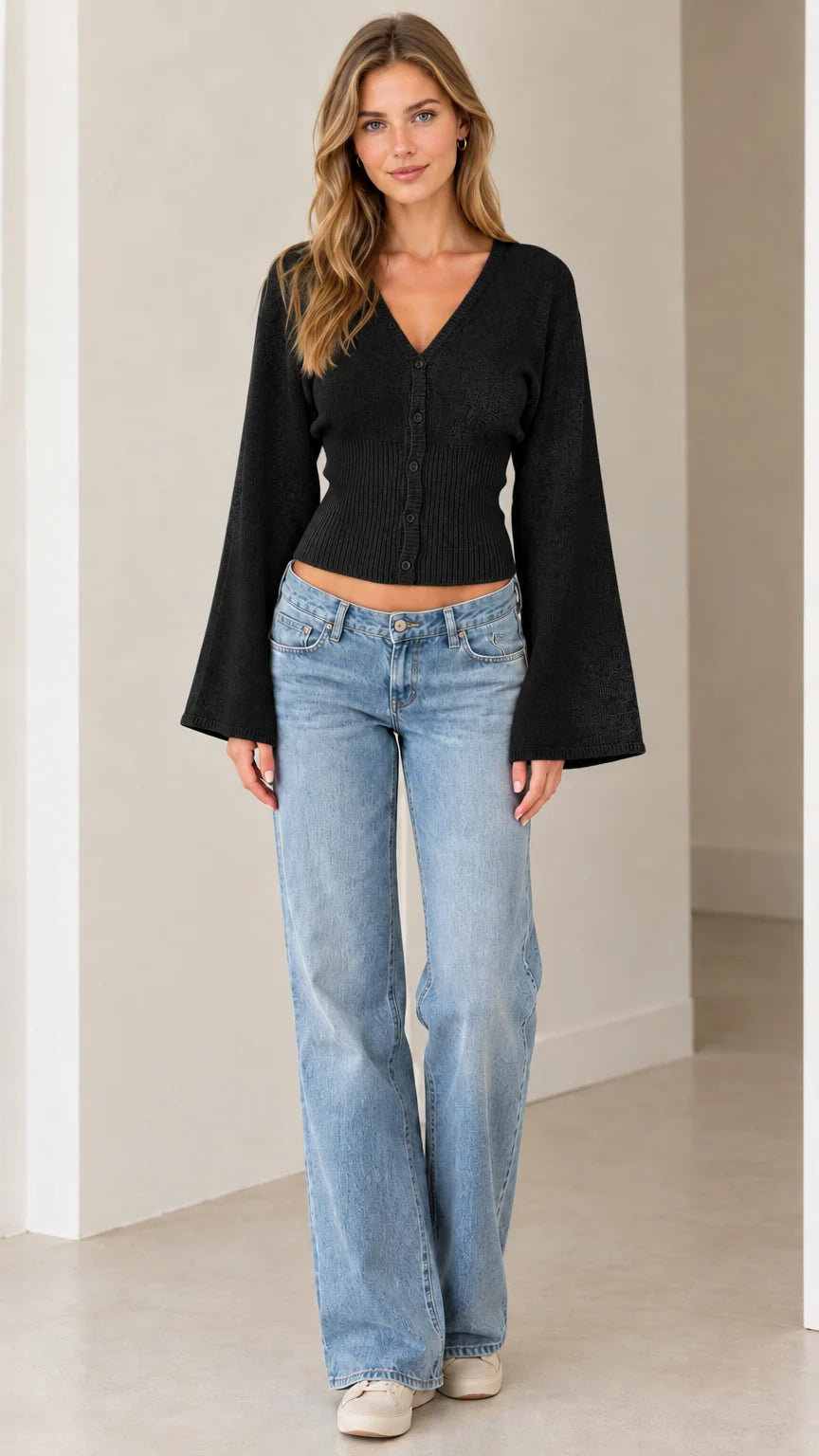 Women's V-Neck Bell Sleeve Button-Down Knit Cardigan Sweater