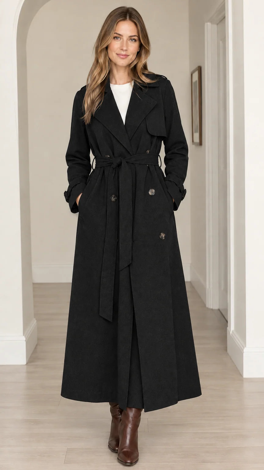 Women's Elegant Maxi Long Trench Coat with Tie Belt