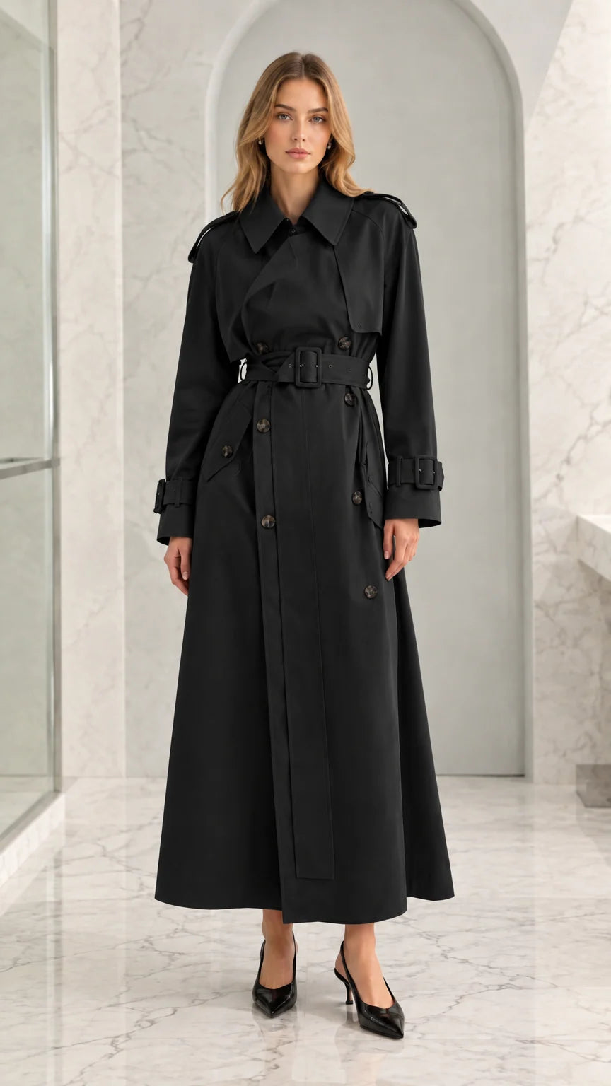 Women's Classic Maxi Belted Trench Coat with Storm Flap