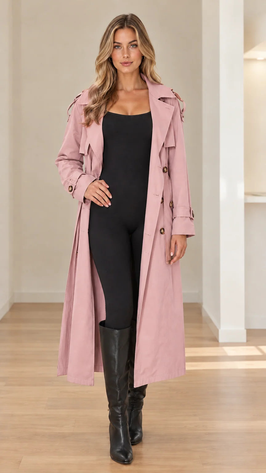 Women's Classic Double-Breasted Long Trench Coat with Belt