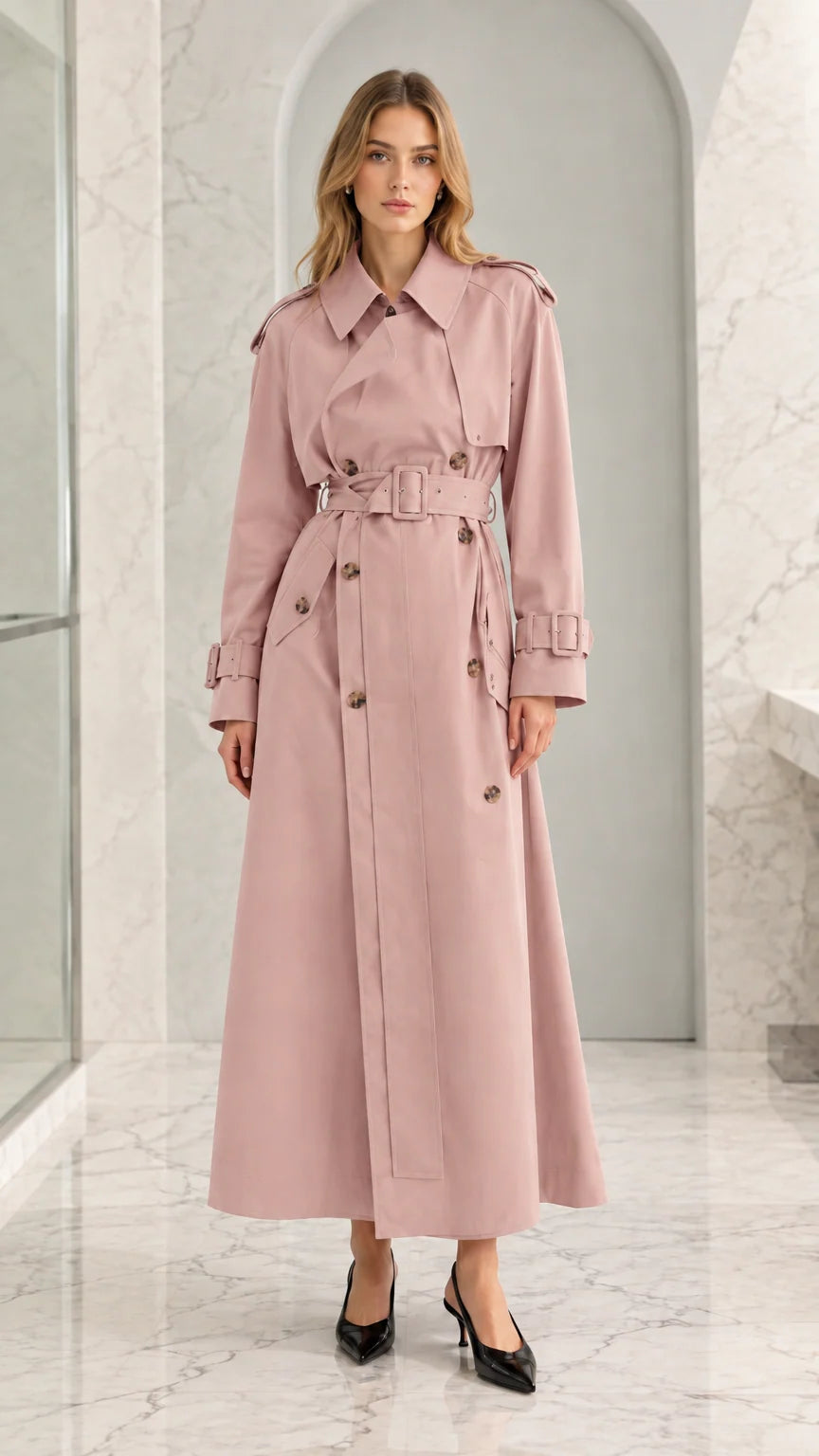Women's Classic Maxi Belted Trench Coat with Storm Flap