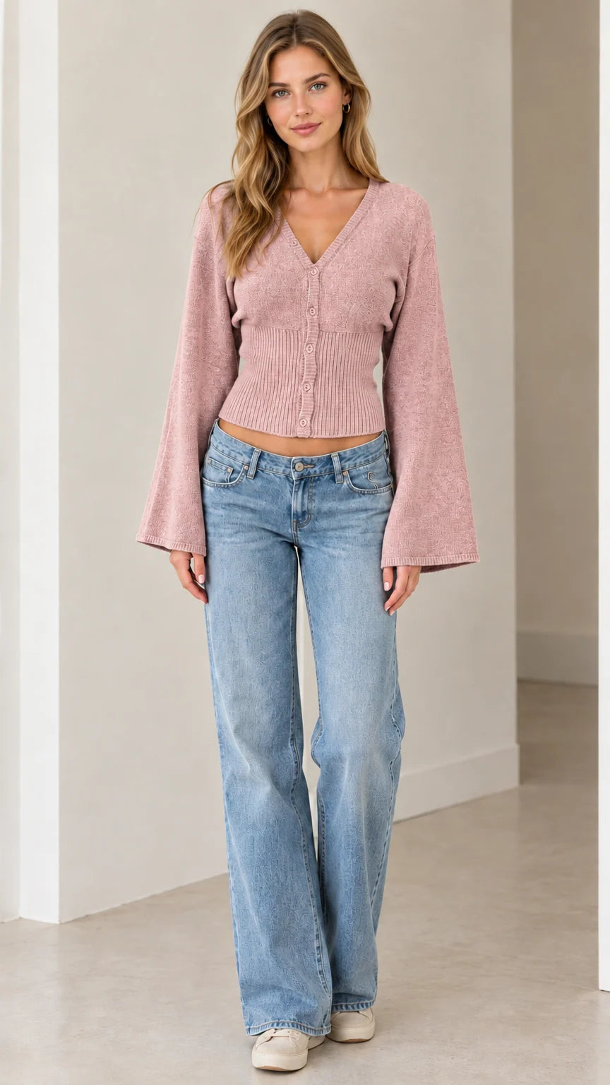 Women's V-Neck Bell Sleeve Button-Down Knit Cardigan Sweater