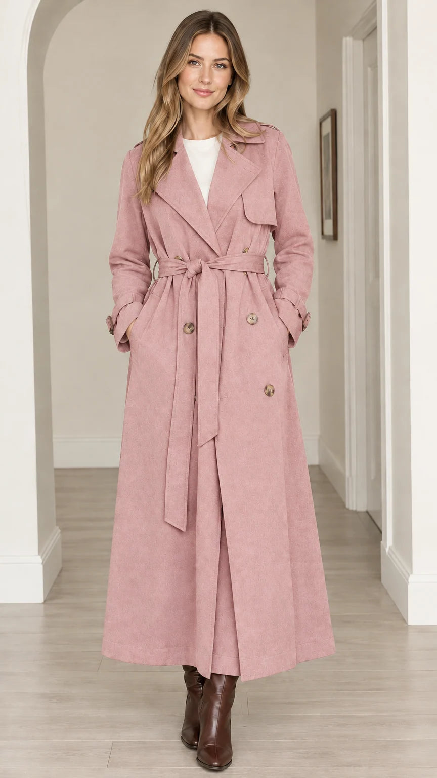 Women's Elegant Maxi Long Trench Coat with Tie Belt