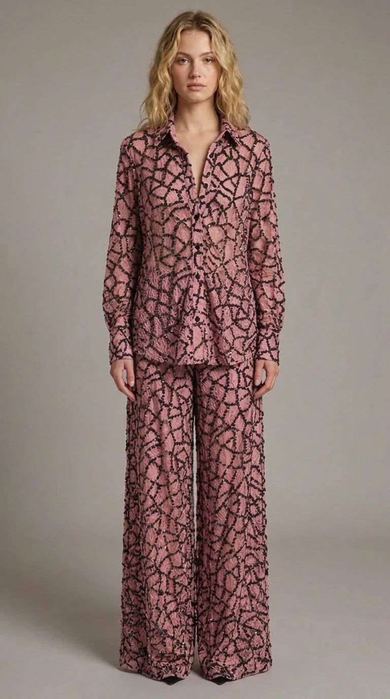 Front view of model wearing dusty pink sequin lace shirt and wide-leg trousers set