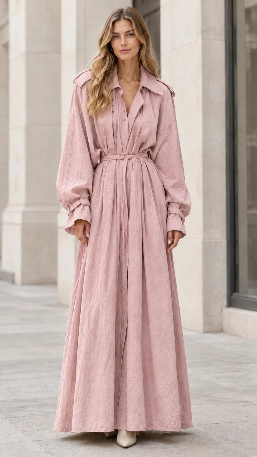 Women's Trench Style Long Sleeve Belted Maxi Dress