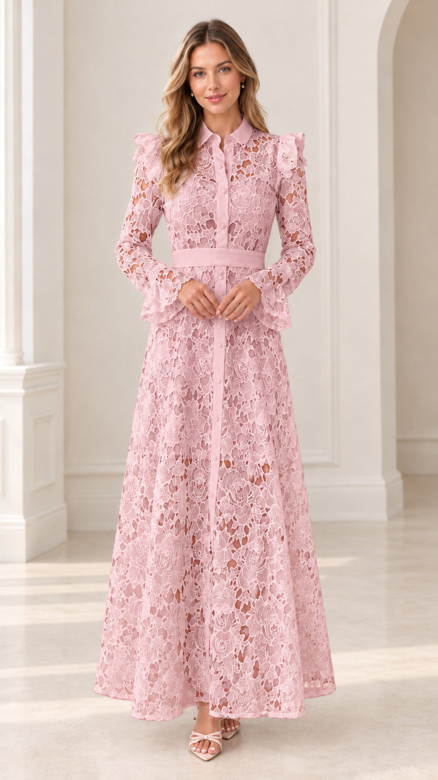 Dusty pink floral lace collared maxi dress with flounce cuffs