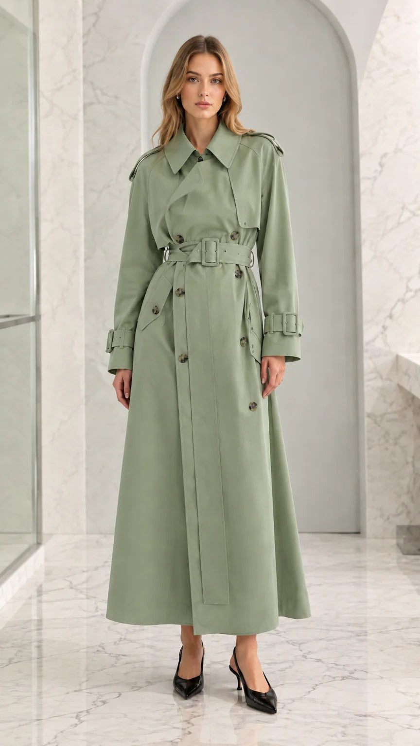 Women's Classic Maxi Belted Trench Coat with Storm Flap