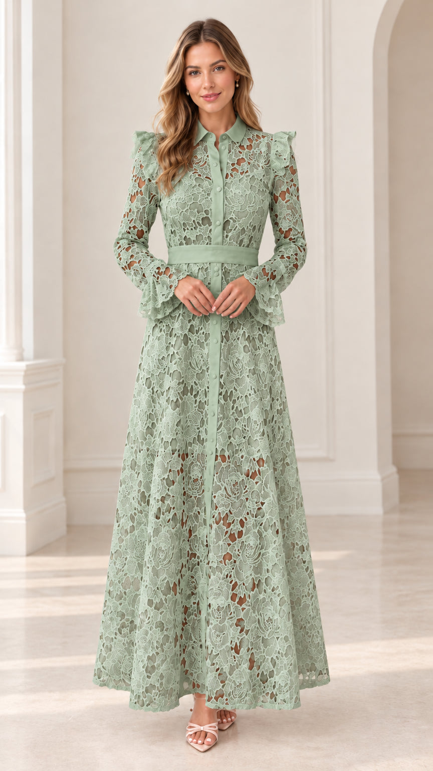 Sage green floral lace collared maxi dress with button front