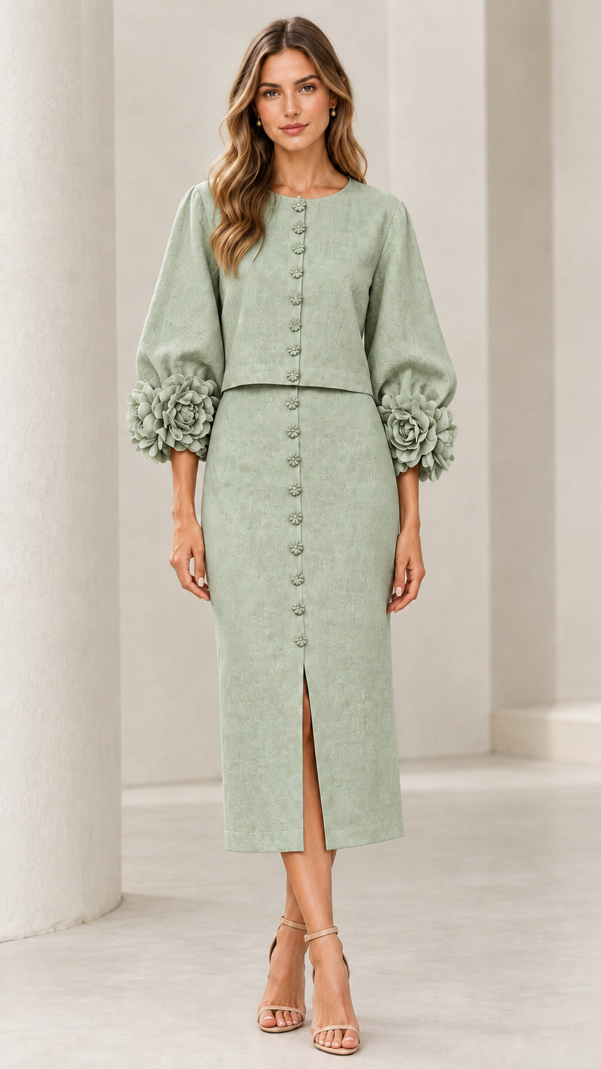 Front view of model wearing Sage Green two-piece top and midi pencil skirt set