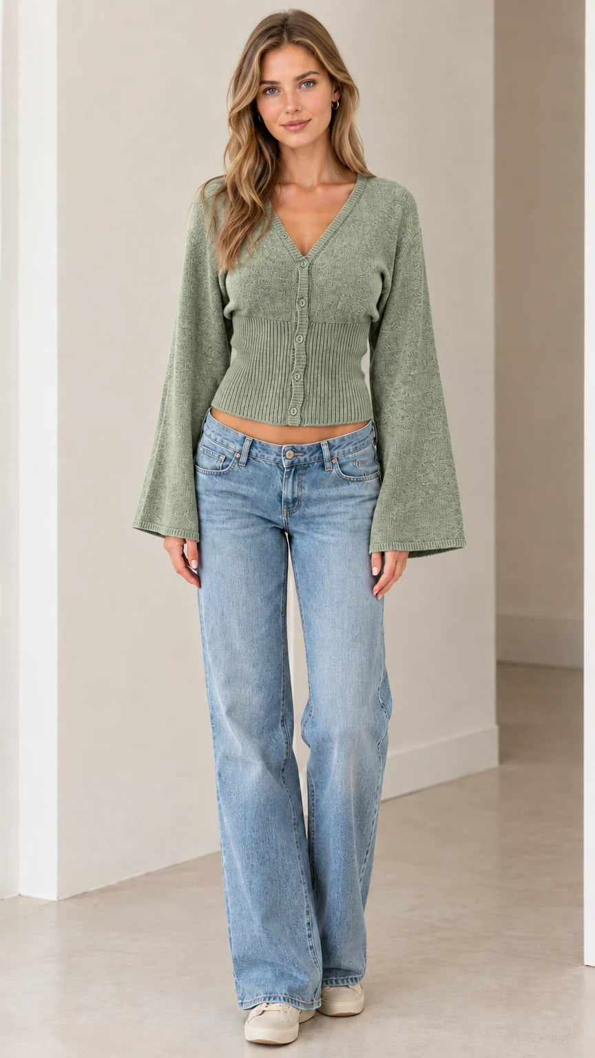 Women's V-Neck Bell Sleeve Button-Down Knit Cardigan Sweater
